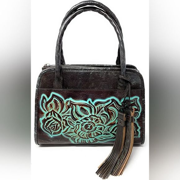 Patricia Nash Paris Satchel Tooled Turquoise Brown Leather P018133 New - Picture 3 of 16
